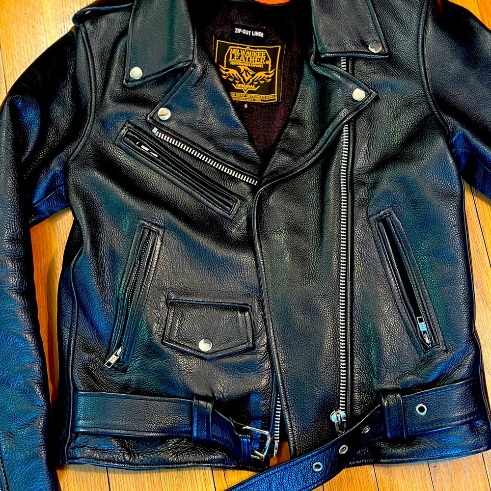 Leather motorcycle jacket.